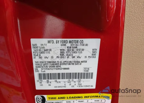 2013 Ford F-150 Lariat из США, поврежденный, VIN 1FTFW1CT1DKD18885